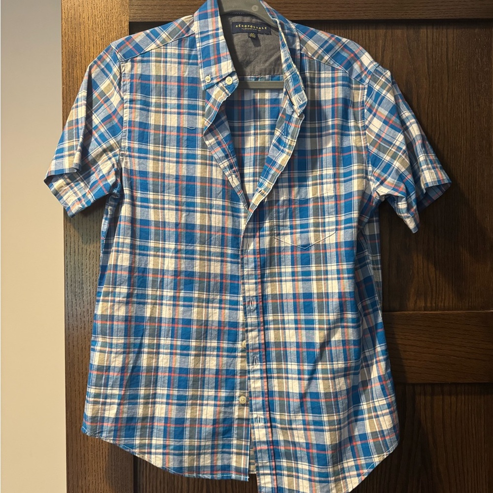 Aeropostale Blue and Red Plaid Men's Shirt